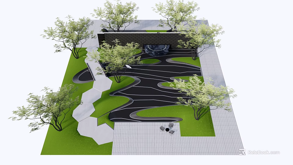 Garden Feature Wall Design With Trees Curved Black Pathway White Slabs And Green Lawn 3d model 