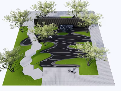 Garden Feature Wall Design With Trees Curved Black Pathway White Slabs And Green Lawn 3d model