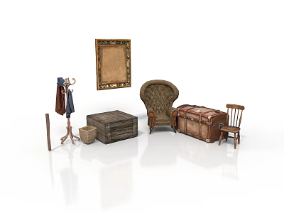 Vintage Building Interior Featuring Woven Chair Wooden Trunk Picture Frame And Coat Rack 3d model