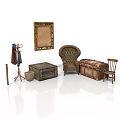 Vintage Building Interior Featuring Woven Chair Wooden Trunk Picture Frame And Coat Rack