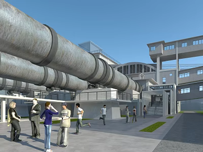 Industrial Facility Exterior With Large Metal Pipes And People Near Modern Structure 3d model