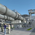 Industrial Facility Exterior With Large Metal Pipes And People Near Modern Structure