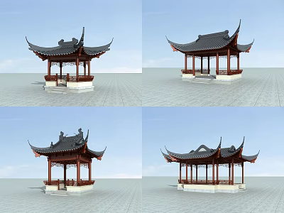 Traditional Chinese Pavilion Design With Curved Eaves Black Roof And Red Pillars 3d model