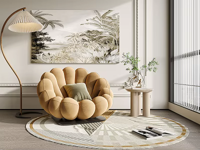 Beige Petal Shaped Single Sofa with Green Cushion Floor Lamp and Tropical Wall Art 3d model
