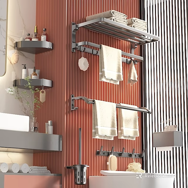 Modern Bathroom Interior With Stainless Steel Shelves And Towel Racks 3d model 