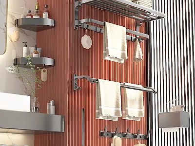 Modern Bathroom Interior With Stainless Steel Shelves And Towel Racks 3d model