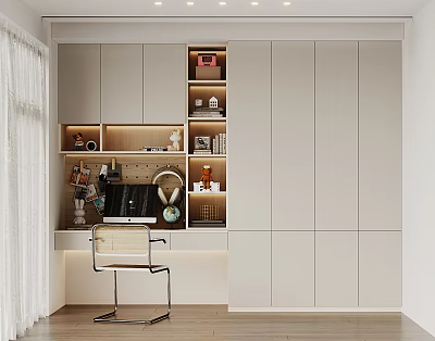 Modern Home Office Desk With White Cabinet Storage Decor And Lighting Chair 3d model