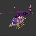 Blue and White Helicopter Model with Yellow Tip Rotors and Detailed Fuselage on Reflective Surface