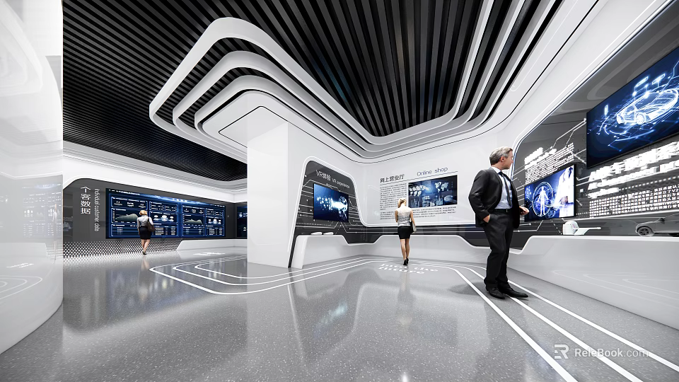 Modern Exhibition Hall Interior With Interactive Digital Screens And Visitors Exploring 3d model 