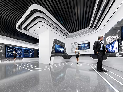 Modern Exhibition Hall Interior With Interactive Digital Screens And Visitors Exploring 3d model