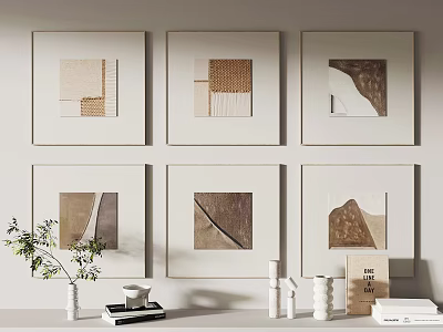 Minimalist Wall Decor Six Square Framed Artworks Neutral Tones Tabletop Potted Plant Books Home Sign 3d model