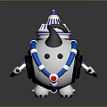 Cute Cartoon Character With Horn And Blue White Body Next To Purple Striped Tower Structure