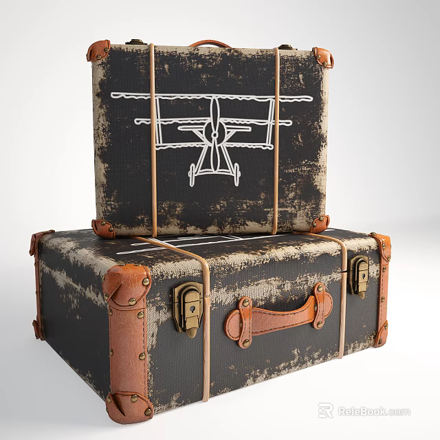 Vintage Suitcases With Distressed Design Airplane Graphic Leather Accents And Metal Clasps 3d model 