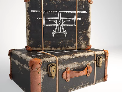 Vintage Suitcases With Distressed Design Airplane Graphic Leather Accents And Metal Clasps 3d model