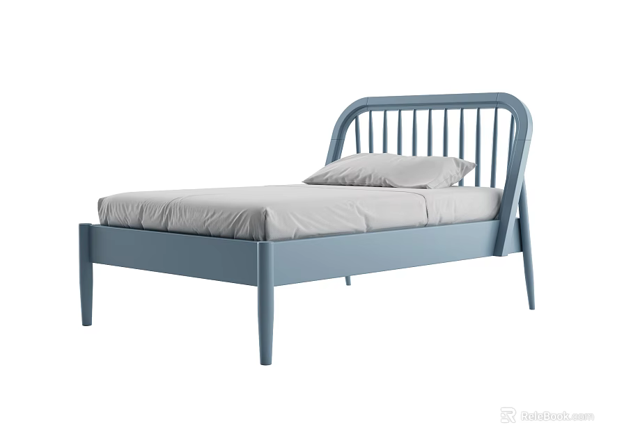Modern Blue Single Bed Featuring Gray Mattress And Vertical Slat Headboard 3d model