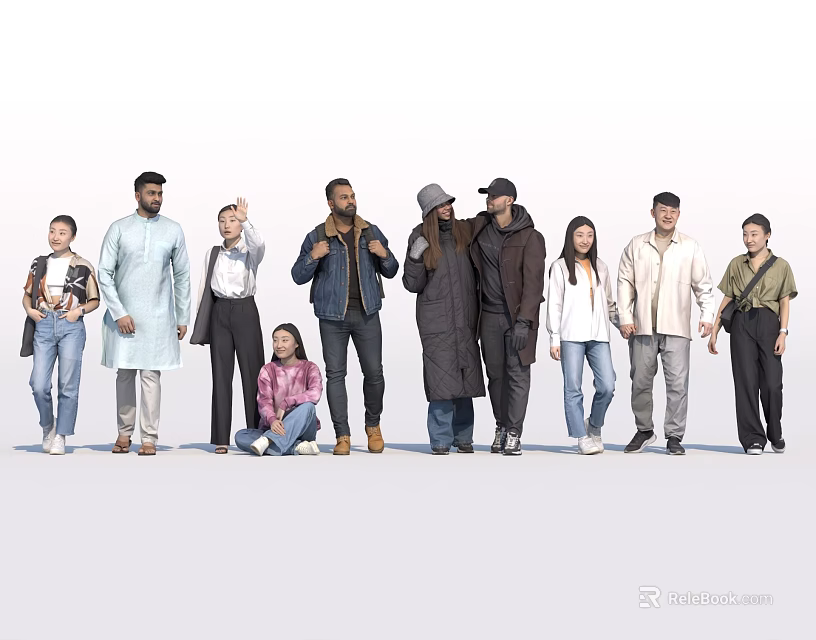 Group of Diverse People with Different Ages Standing Sitting in Casual Clothing on White Background 3d model 