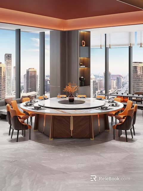Elegant Restaurant Interior with Round Marble Table and Orange Chairs Overlooking City View 3d model 