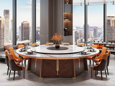 Elegant Restaurant Interior with Round Marble Table and Orange Chairs Overlooking City View 3d model