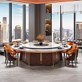 Elegant Restaurant Interior with Round Marble Table and Orange Chairs Overlooking City View