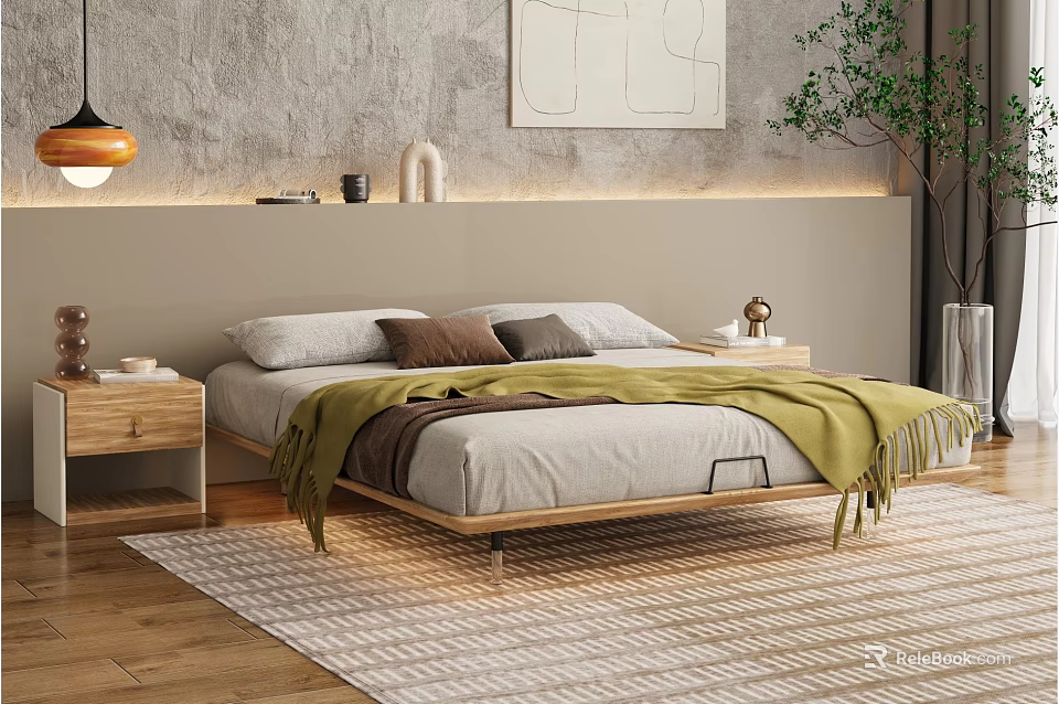 Modern Bedroom Interior Design With Wooden Bed Nightstands Pendant Light Wall Art And Area Rug 3d model 
