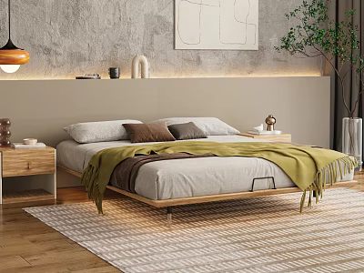 Modern Bedroom Interior Design With Wooden Bed Nightstands Pendant Light Wall Art And Area Rug 3d model