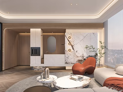 Modern Lounge Area Interior With Sofa Armchair Coffee Table And Marble Wall Design 3d model