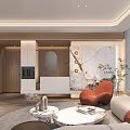 Modern Lounge Area Interior With Sofa Armchair Coffee Table And Marble Wall Design