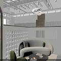 Modern Clothing Store Interior Design With White Walls Wooden Shutters Transparent Racks And Green Chair