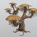 Unique Mushroom Like Plants With Multiple Umbrella Shaped Caps Twisted Trunks And Hanging Tendrils