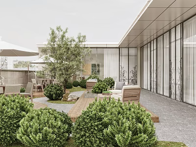 Modern Rooftop Garden With Outdoor Lounge Area Lush Bushes And Natural Stone Path 3d model