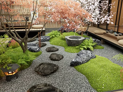 Japanese Style Micro Landscape With Stone Pathway Moss Lantern And Cherry Blossom Tree 3d model