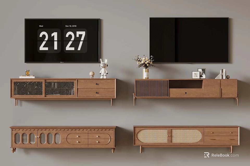 Modern Wooden TV Stands With Wall Mounted TVs And Decorative Items 3d model 