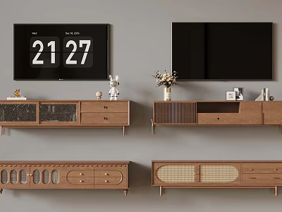 Modern Wooden TV Stands With Wall Mounted TVs And Decorative Items 3d model