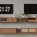 Modern Wooden TV Stands With Wall Mounted TVs And Decorative Items