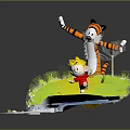 Cartoon Scene With Playful Tiger And Boy On Bamboo Bridge Over Water Stream