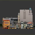 Urban Multi Story Buildings With Colorful Rooftops Storefronts And Trees
