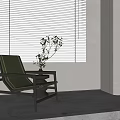 Green Leisure Chair with Small Potted Plant by Window Blinds White Wall and Decorative Shelf