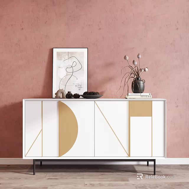 White Geometric Console Table With Gold Accents Abstract Painting Vase And Books On Pink Wall 3d model 