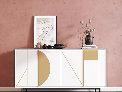 White Geometric Console Table With Gold Accents Abstract Painting Vase And Books On Pink Wall 3d model