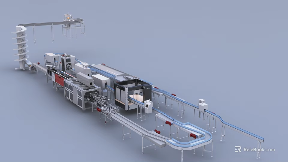 Industrial Equipment Production Line With Conveyor Belts Robotic Arms And Connected Machinery For Packaging Processing 3d model 