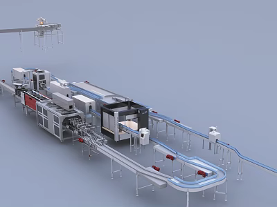 Industrial Equipment Production Line With Conveyor Belts Robotic Arms And Connected Machinery For Packaging Processing 3d model