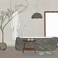 Natural Stone Bathtub With Wooden Stool Hanging Robe Side Plant And Mirror