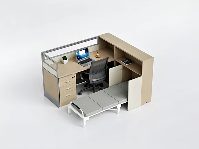 Modern Office Desk with Laptop Office Chair Drawers Small Plant and Pull Out Bed 3d model