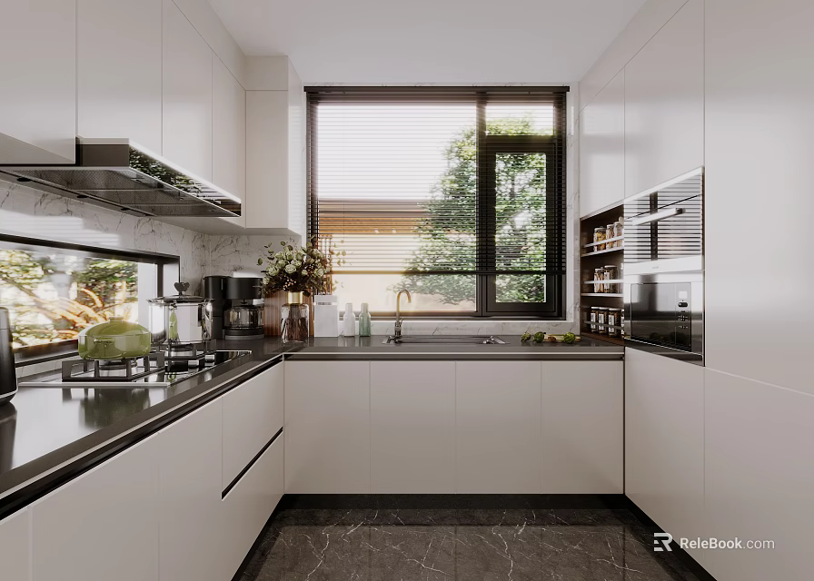 Modern Kitchen Interior Features White Cabinets Black Countertop Window And Appliances 3d model 