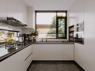 Modern Kitchen Interior Features White Cabinets Black Countertop Window And Appliances 3d model