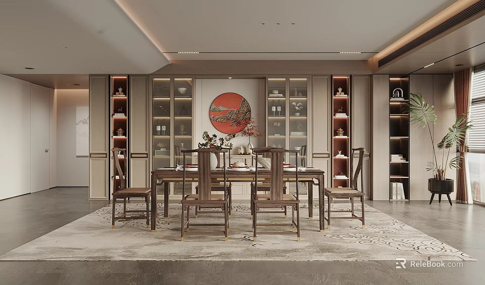 Traditional Chinese Restaurant Interior Featuring Wooden Dining Table Red Circular Decoration And Display Cabinets 3d model 