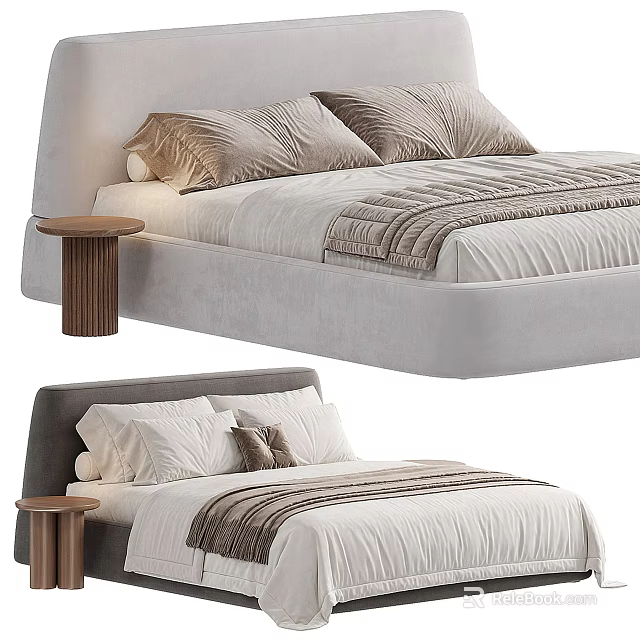 Modern Upholstered Double Bed with Bedside Table Pillows and Throw Blanket in Neutral Tones 3d model 