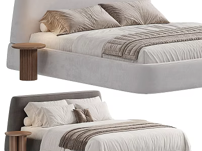 Modern Upholstered Double Bed with Bedside Table Pillows and Throw Blanket in Neutral Tones 3d model