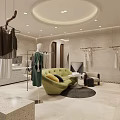 Modern Clothing Store Interior With Clothing Racks Mannequins Green Sofa And Warm Lighting
