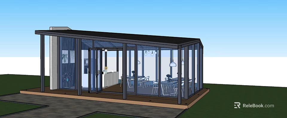 Modern Glass Garden Sunroom With Transparent Walls And Outdoor Seating Area 3d model 
